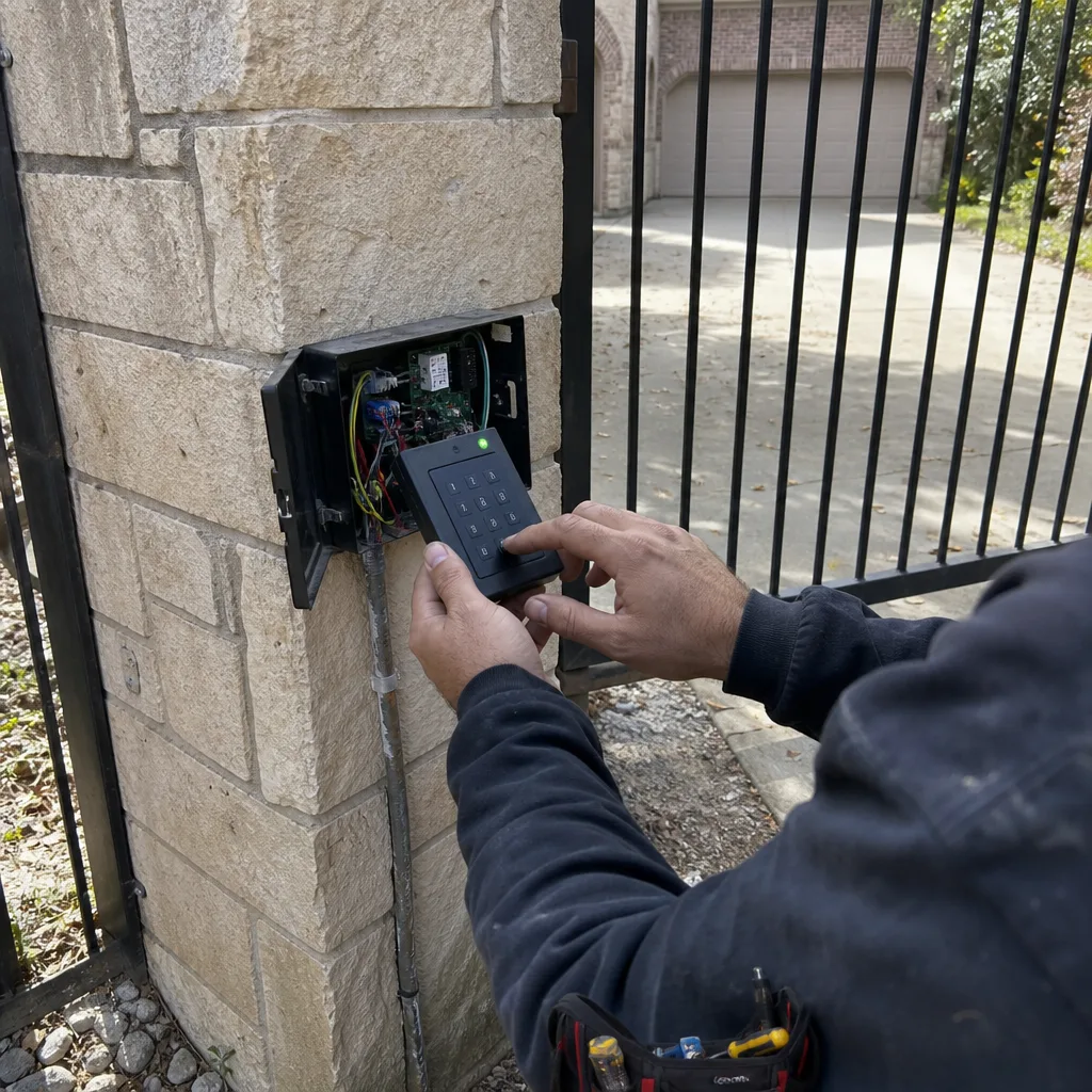 Technician repairing gate access control keypad system in Euless, TX