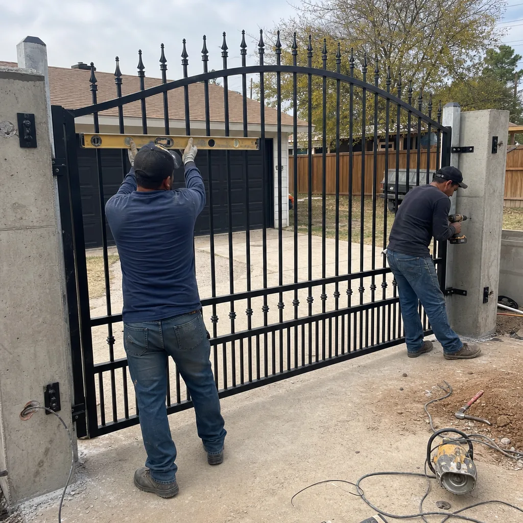 Two technicians performing professional iron driveway gate installation using a spirit level.