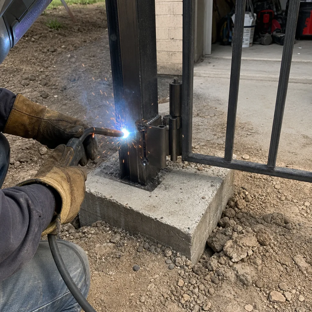 professional welding a steel gate hinge onto a metal fence post