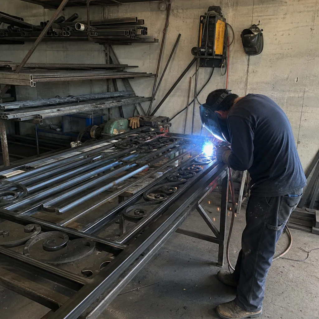 professional metalworker welding an ornamental iron gate in a workshop in Euless, TX