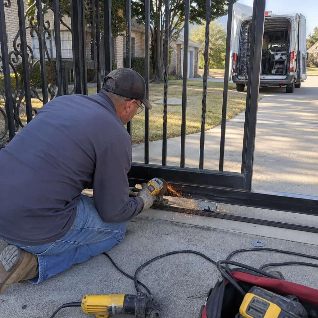 Technician using an angle grinder to perform professional metal gate repair
